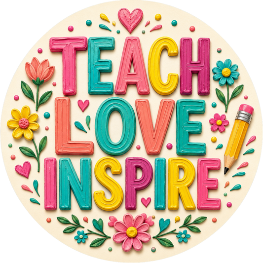 a circular arrangement of colorful text and decorative elements, including flowers, hearts, and a pencil, conveying a positive and uplifting message.