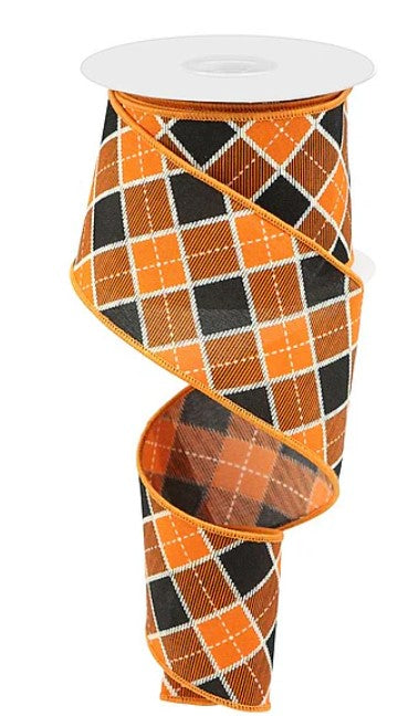 a spiral-shaped orange and black plaid ribbon with a white base.