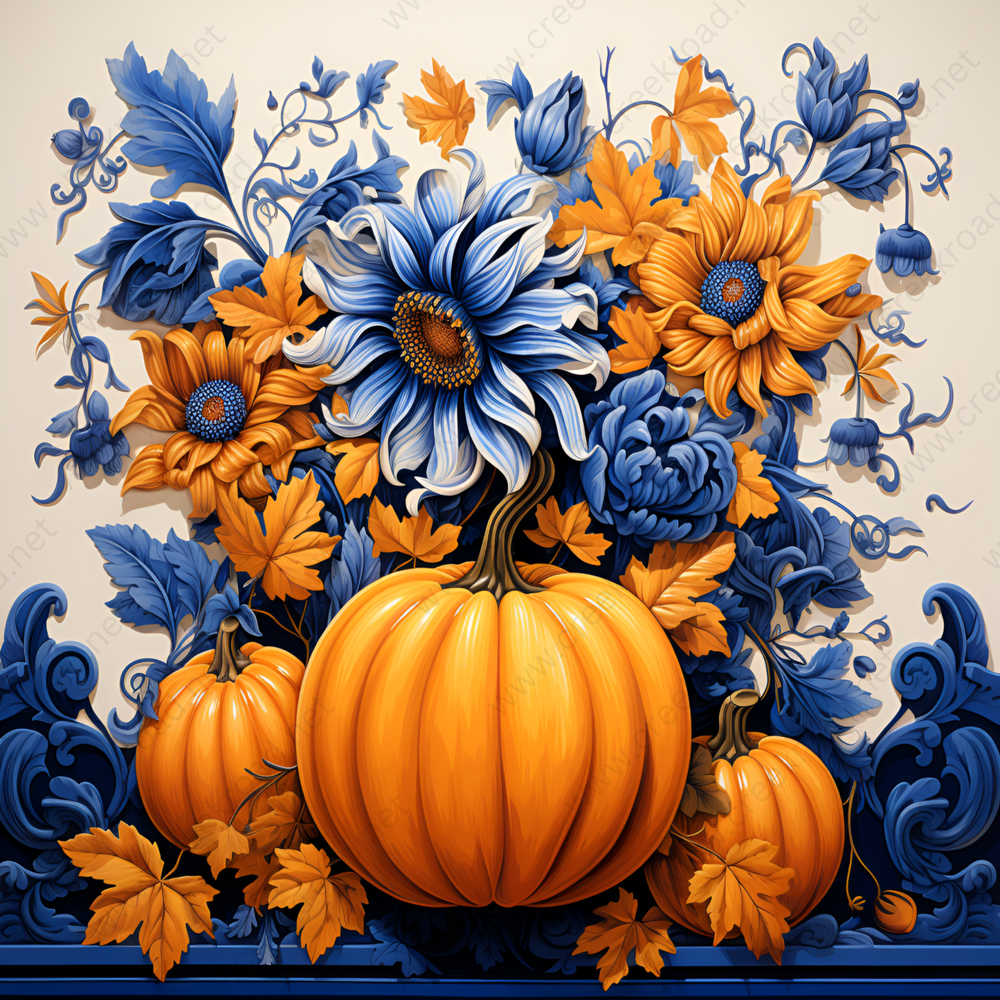 a painting of a pumpkin and flowers on a table