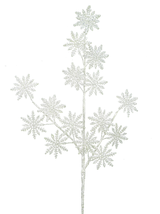 A branch with numerous white snowflakes attached to it, creating a decorative and festive appearance.