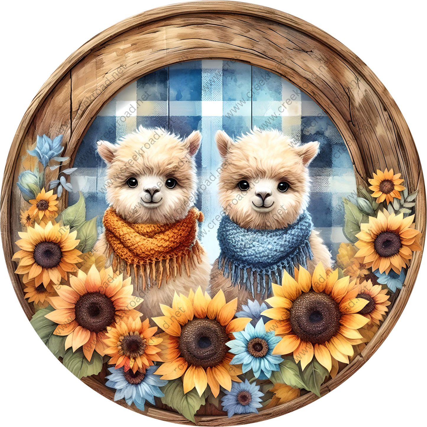 a painting of two llamas wearing scarves and sunflowers