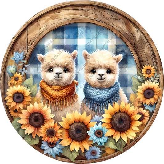 a painting of two llamas wearing scarves and sunflowers