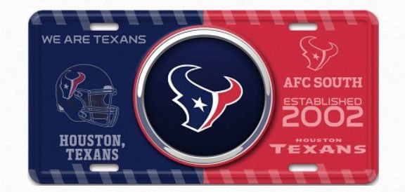 A license plate with the Houston Texans logo and text, representing the team's colors and establishment year.