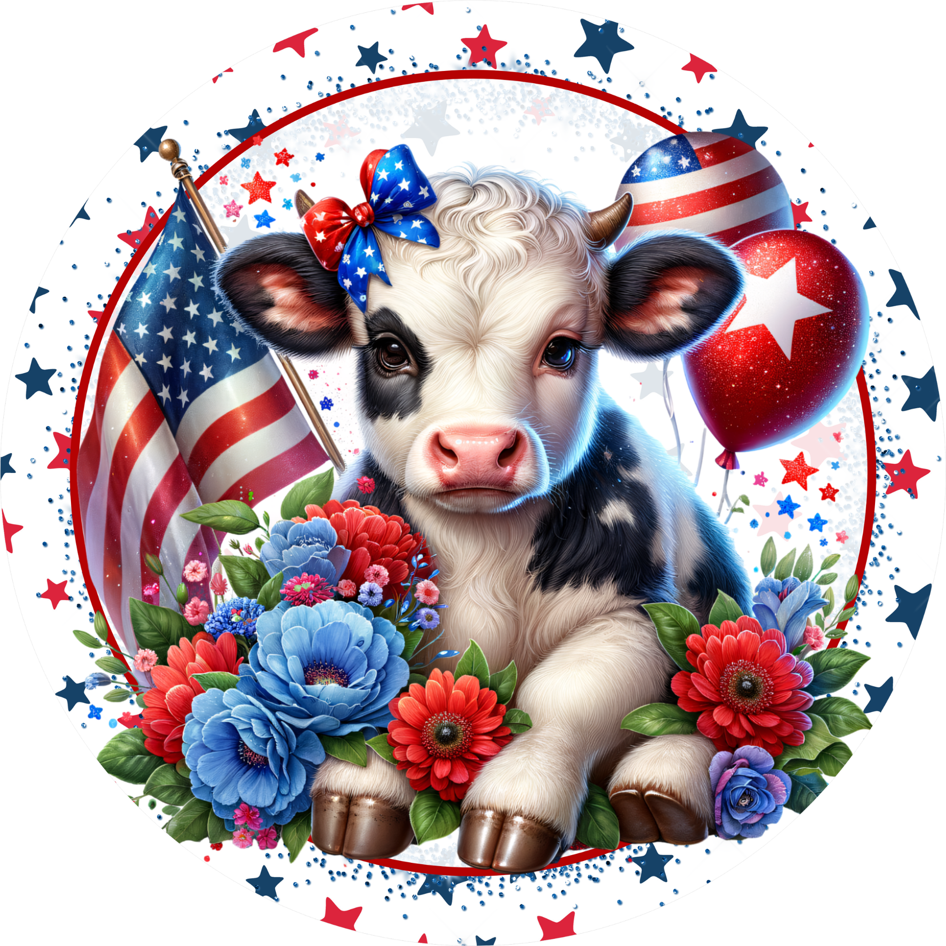 A cow with a bow on its head is surrounded by flowers, balloons, and an American flag, creating a patriotic scene.