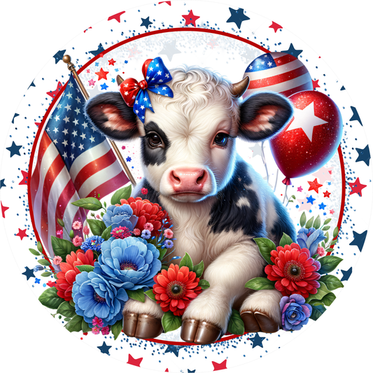 A cow with a bow on its head is surrounded by flowers, balloons, and an American flag, creating a patriotic scene.