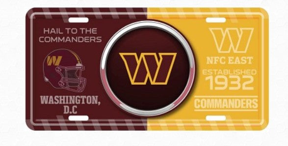 The image is a license plate featuring the Washington, D.C. football team, the Washington Commanders.