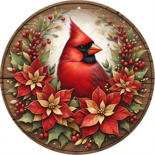 a painting of a cardinal surrounded by poinsettis