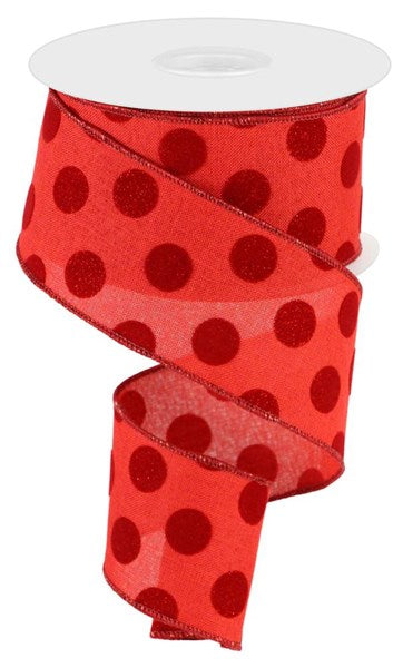 a roll of red polka dot ribbon on a white background