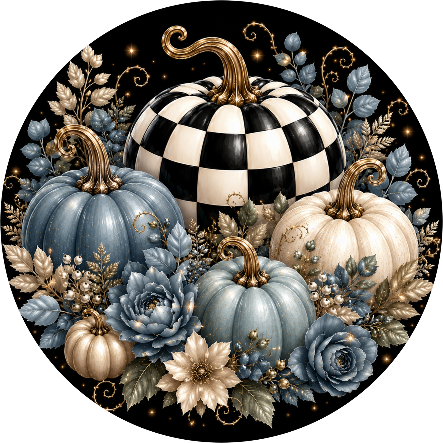 A circular arrangement of three pumpkins, two white and one blue, surrounded by various fall-themed elements such as leaves, flowers, and berries.