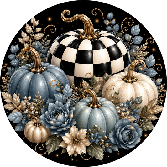 A circular arrangement of three pumpkins, two white and one blue, surrounded by various fall-themed elements such as leaves, flowers, and berries.