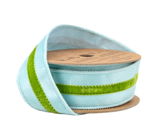 A spool of light blue velvet ribbon with green stripes.