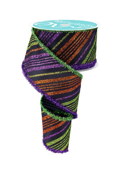 A spiral-shaped ribbon with a striped pattern in shades of purple, green, orange, and black.