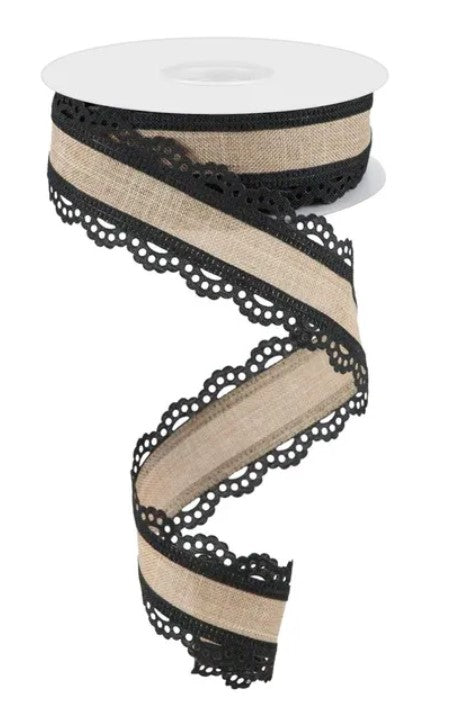 A black and beige decorative ribbon with a lace-like pattern on the edges.