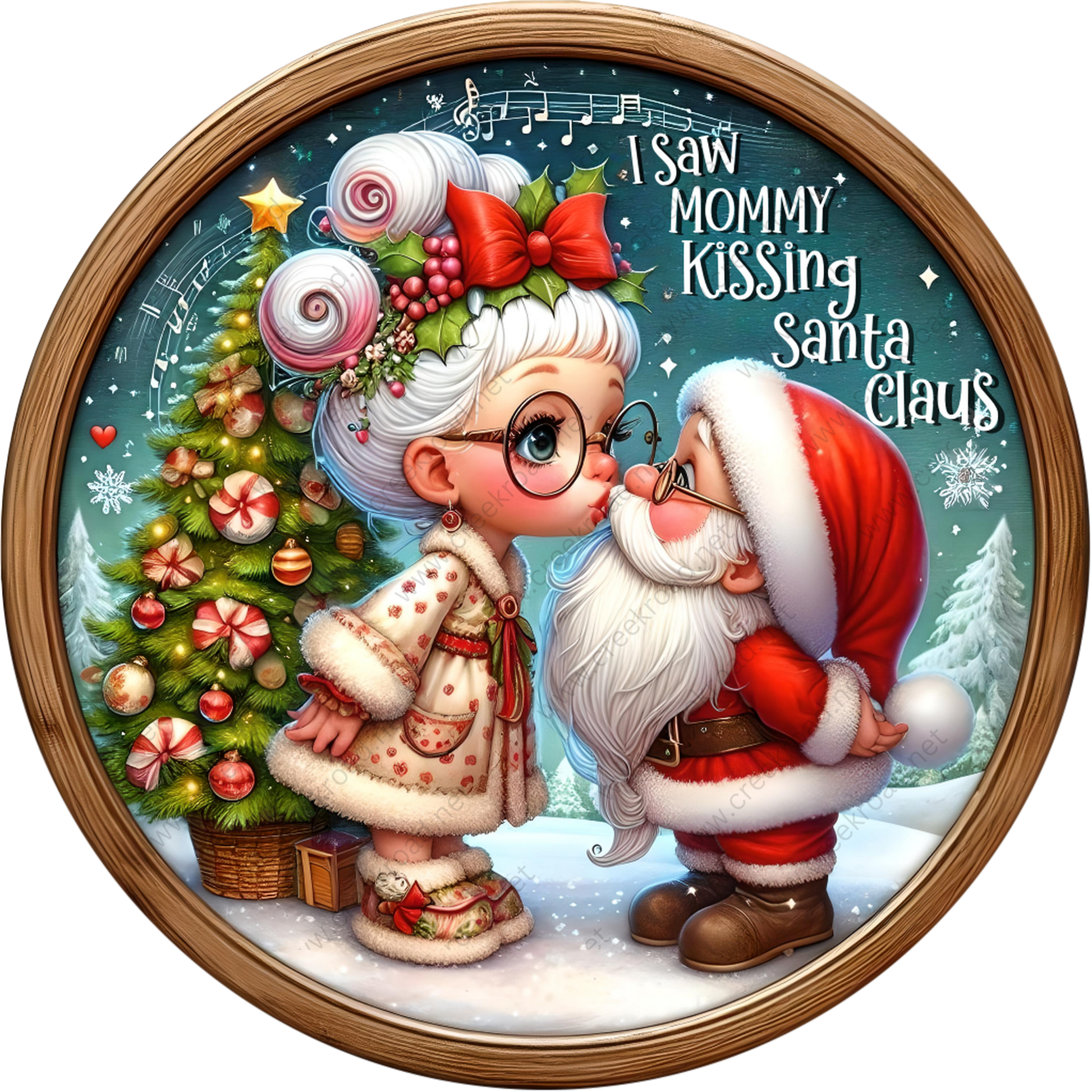A festive Christmas scene featuring Santa Claus and his reindeer, with a beautifully decorated Christmas tree in the background. Santa is kissing a young girl with a bow in her hair, and the text "I saw Mommy Kissing Santa Claus" is displayed above them.