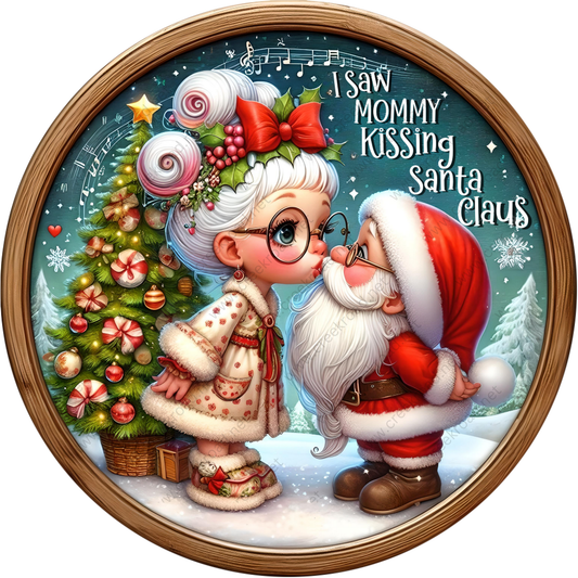 A festive Christmas scene featuring Santa Claus and his reindeer, with a beautifully decorated Christmas tree in the background. Santa is kissing a young girl with a bow in her hair, and the text "I saw Mommy Kissing Santa Claus" is displayed above them.