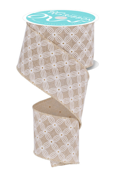 a beige and white floral patterned ribbon, which is a decorative item.