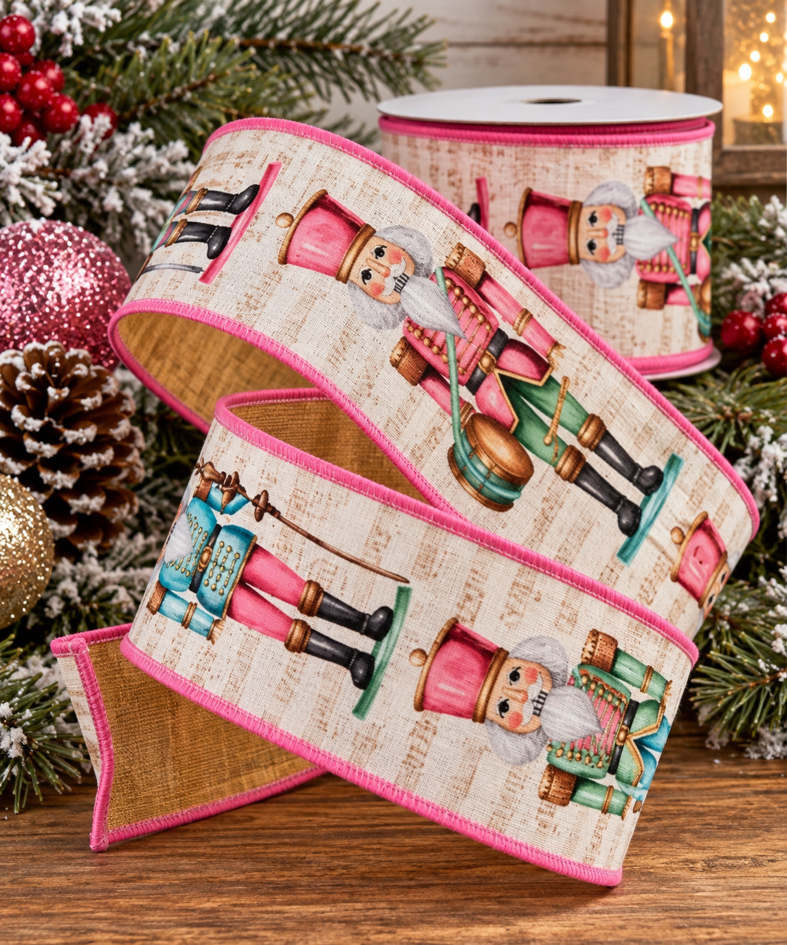 A pink and white Christmas-themed ribbon with nutcracker characters is displayed on a wooden surface, surrounded by pine branches and other holiday decorations.