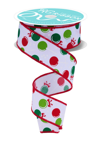 A spiral-shaped ribbon with a pattern of red and green circles on a white background.