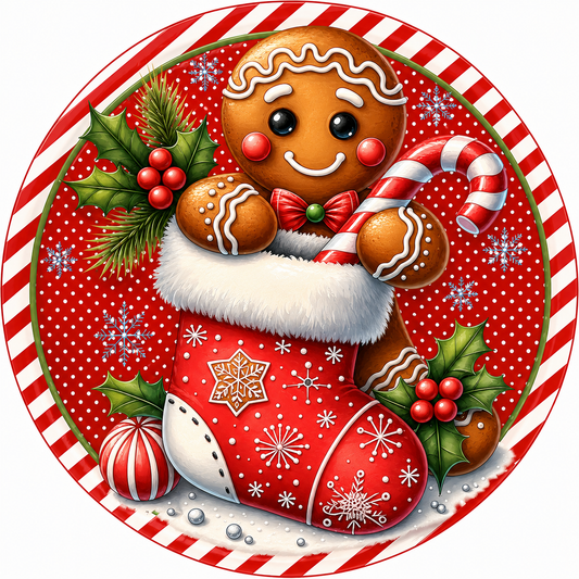 A gingerbread man wearing a Santa hat and holding a candy cane, surrounded by festive decorations such as holly leaves, berries, and snowflakes, all set against a red and white striped background.