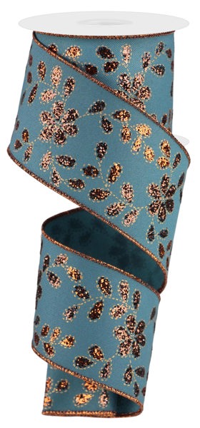 A turquoise and gold floral patterned ribbon is shown, with a white spool of ribbon visible at the top.