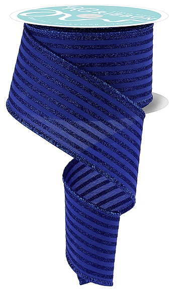 a blue ribbon with a metallic, striped pattern.