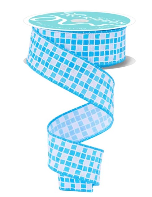 A blue and white checkered patterned ribbon is shown, with the ribbon winding around a spool.