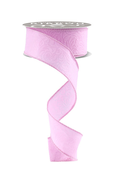A pink floral patterned ribbon is shown, with the ribbon winding up and down in a spiral pattern.
