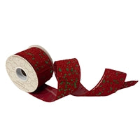 a roll of red christmas ribbon on a white background