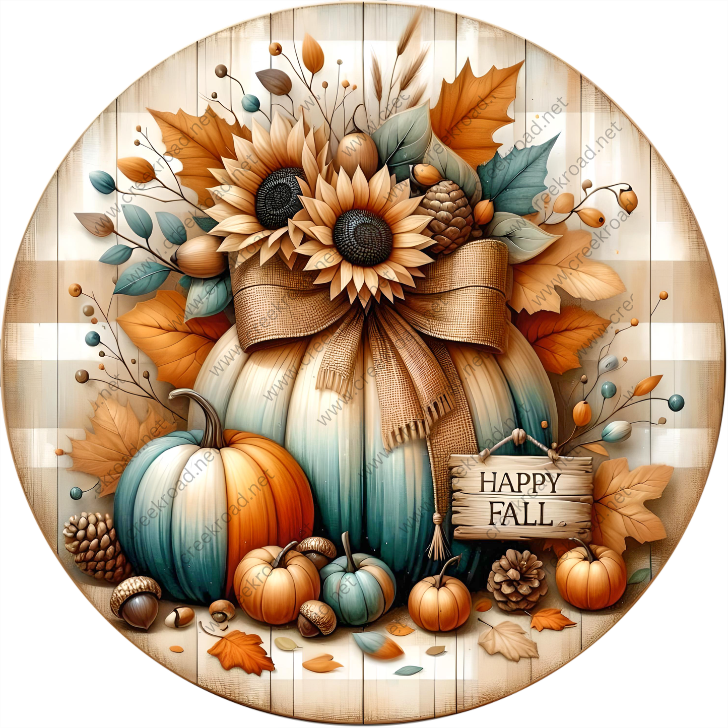 A circular arrangement of autumn-themed elements, including pumpkins, sunflowers, pine cones, acorns, and leaves, all set against a wooden background. The text "Happy Fall" is displayed in the center of the arrangement.