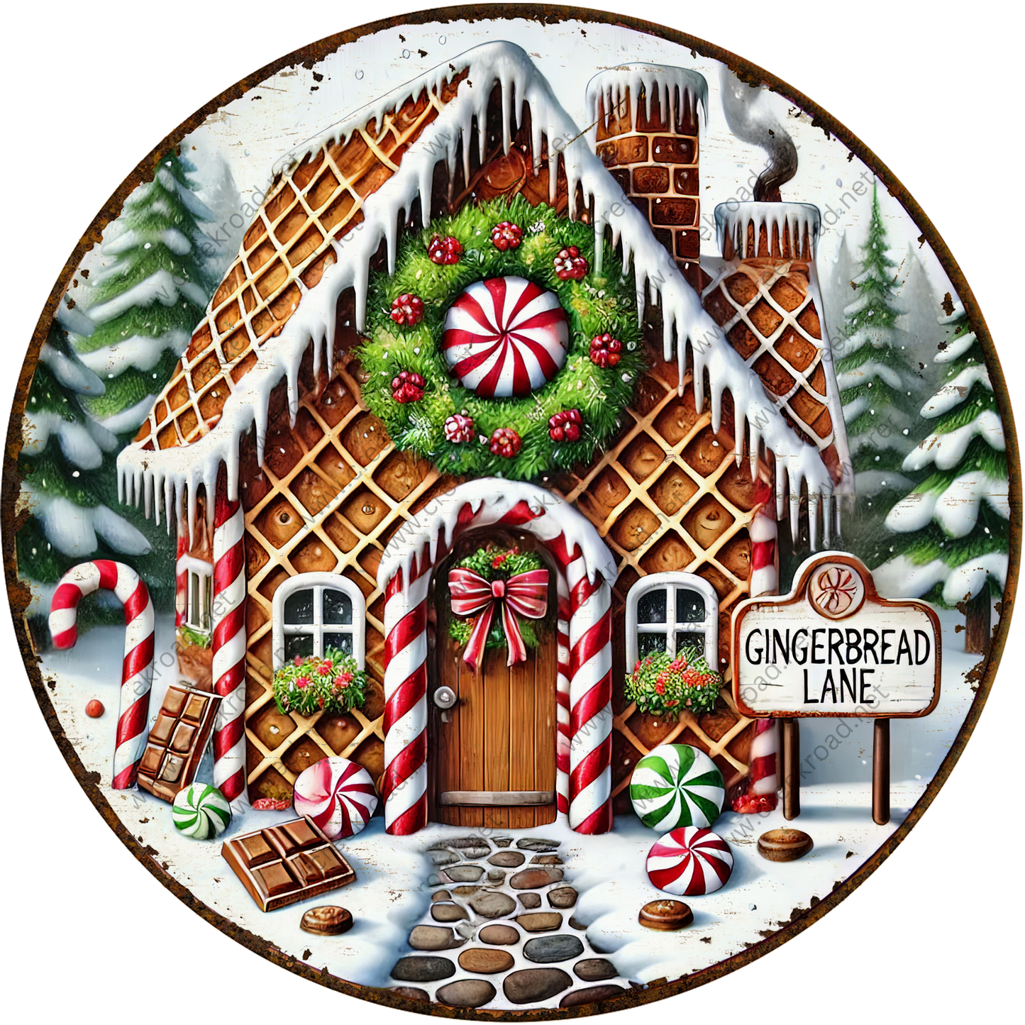 A whimsical, snow-covered gingerbread house with a wreath, candy cane, and other festive decorations, surrounded by pine trees and a sign that reads "Gingerbread Lane".