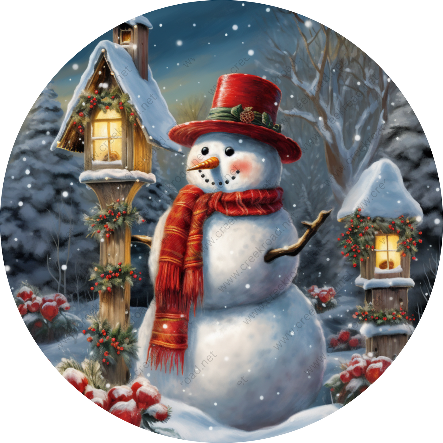 Snowman Winter Evening Wreath Sign-Sublimation-Round