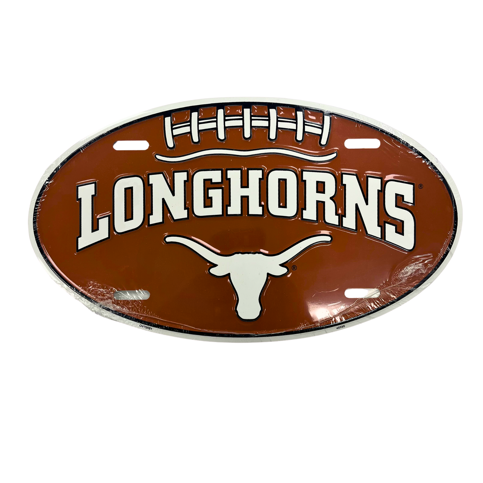 A metal plate with the word "LONGHORNS" and a football on it.