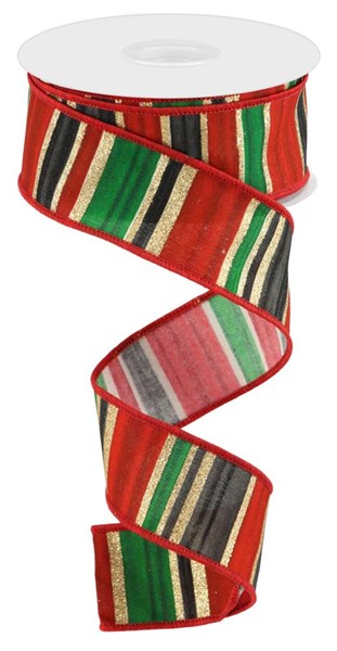 a red, green, and gold ribbon on a white background