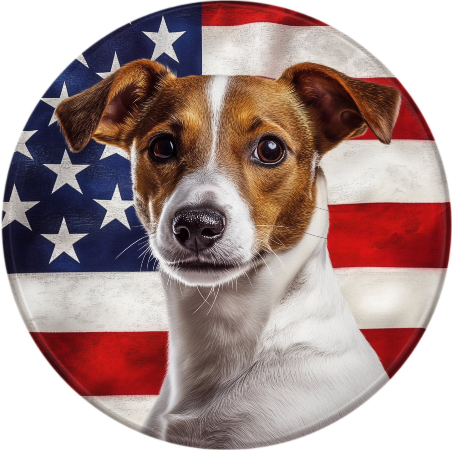 A brown and white dog with a white stripe on its face is the main subject of the image, set against the backdrop of the American flag.