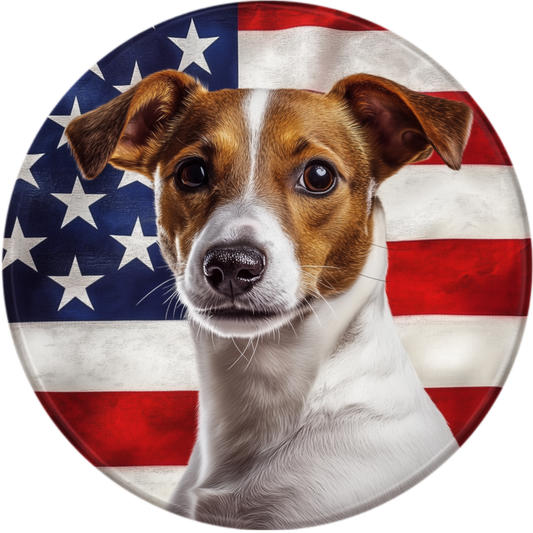 A brown and white dog with a white stripe on its face is the main subject of the image, set against the backdrop of the American flag.