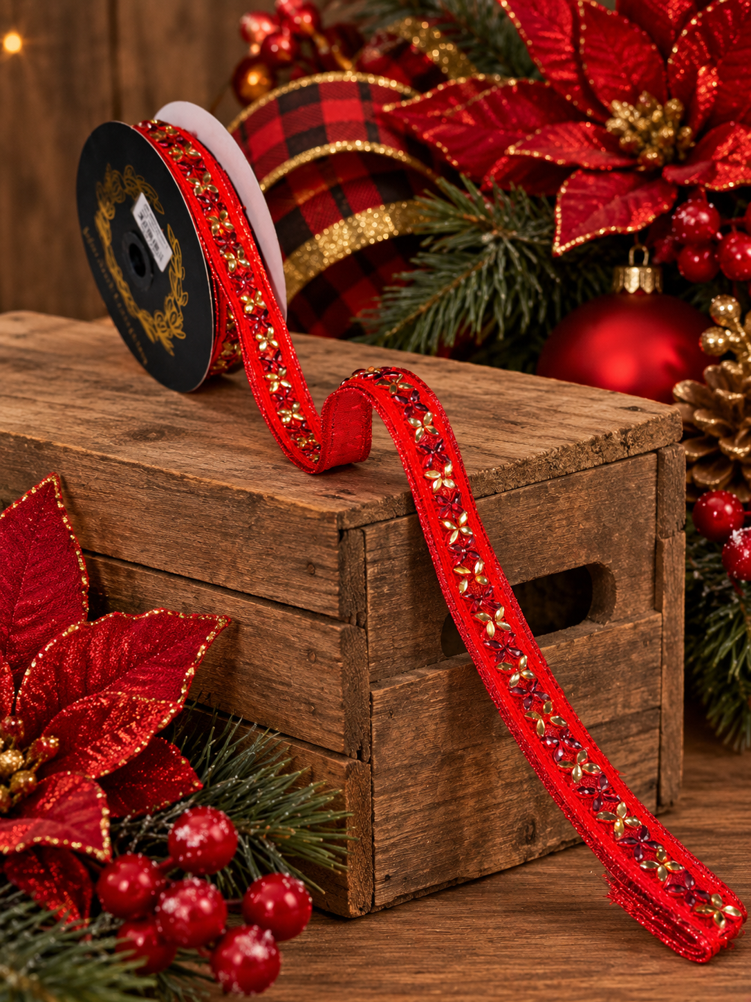 A spool of red and gold Christmas ribbon sits on a wooden crate, surrounded by red poinsettias, pine cones, and other holiday decorations.