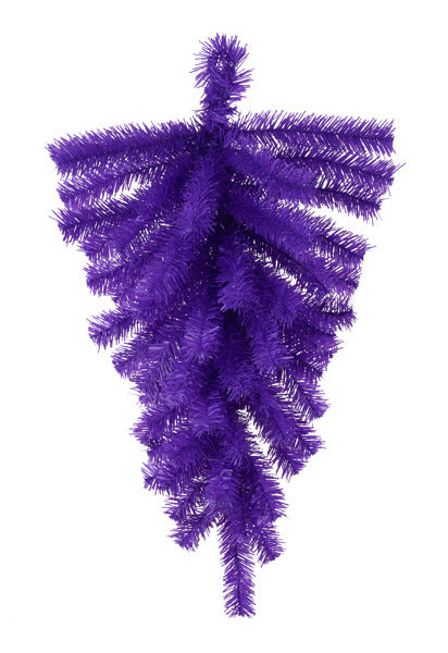 A purple, spiky Christmas tree branch against a white background.