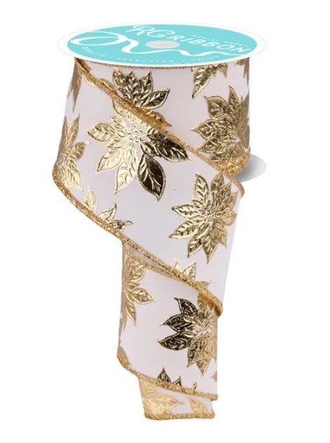 A roll of white ribbon with a gold leaf pattern, featuring a turquoise label at the top.
