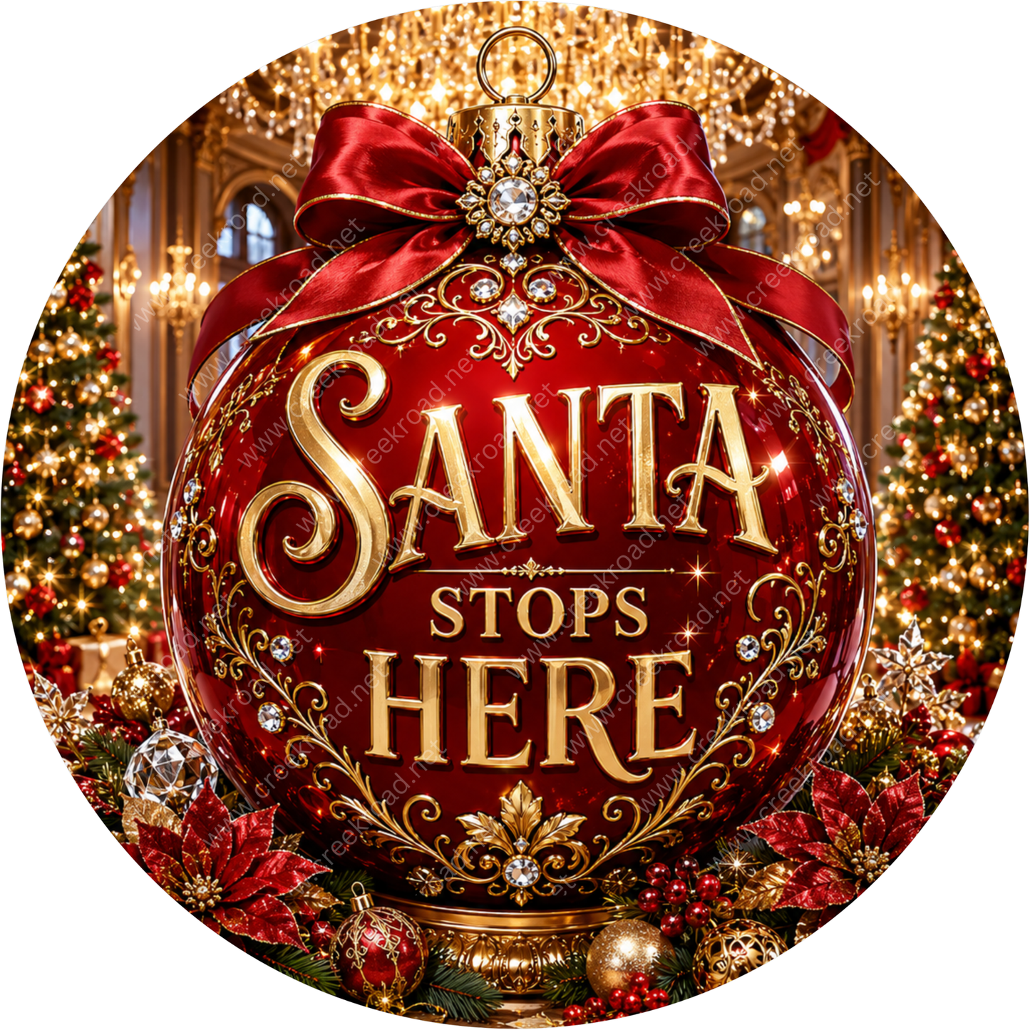 A large, ornate Christmas ornament with the text "Santa stops here" in gold lettering, surrounded by other holiday decorations such as poinsettias, ornaments, and a chandelier.