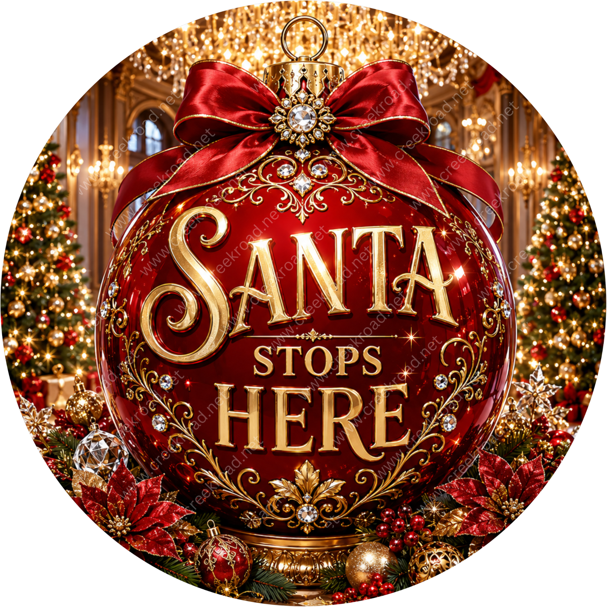 A large, ornate Christmas ornament with the text "Santa stops here" in gold lettering, surrounded by other holiday decorations such as poinsettias, ornaments, and a chandelier.