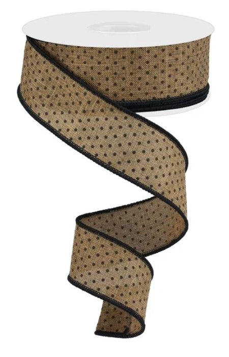 A brown and black polka dot ribbon with a black border, tied in a spiral pattern.