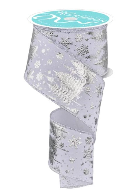 A silver-colored ribbon with a silver snowflake pattern printed on it.