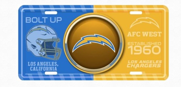 a license plate with the San Diego Chargers logo and text, indicating that it is a San Diego Chargers plate.