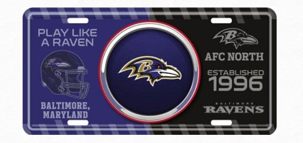 The image is a license plate with the Baltimore Ravens logo and text, promoting the team's affiliation with the Baltimore Ravens.