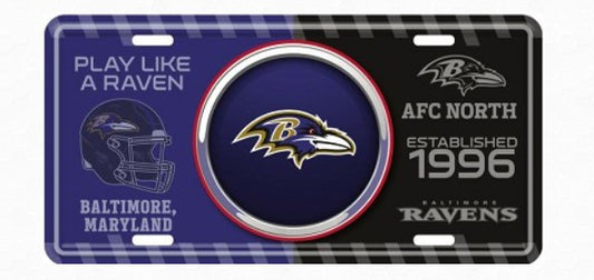 The image is a license plate with the Baltimore Ravens logo and text, promoting the team's affiliation with the Baltimore Ravens.