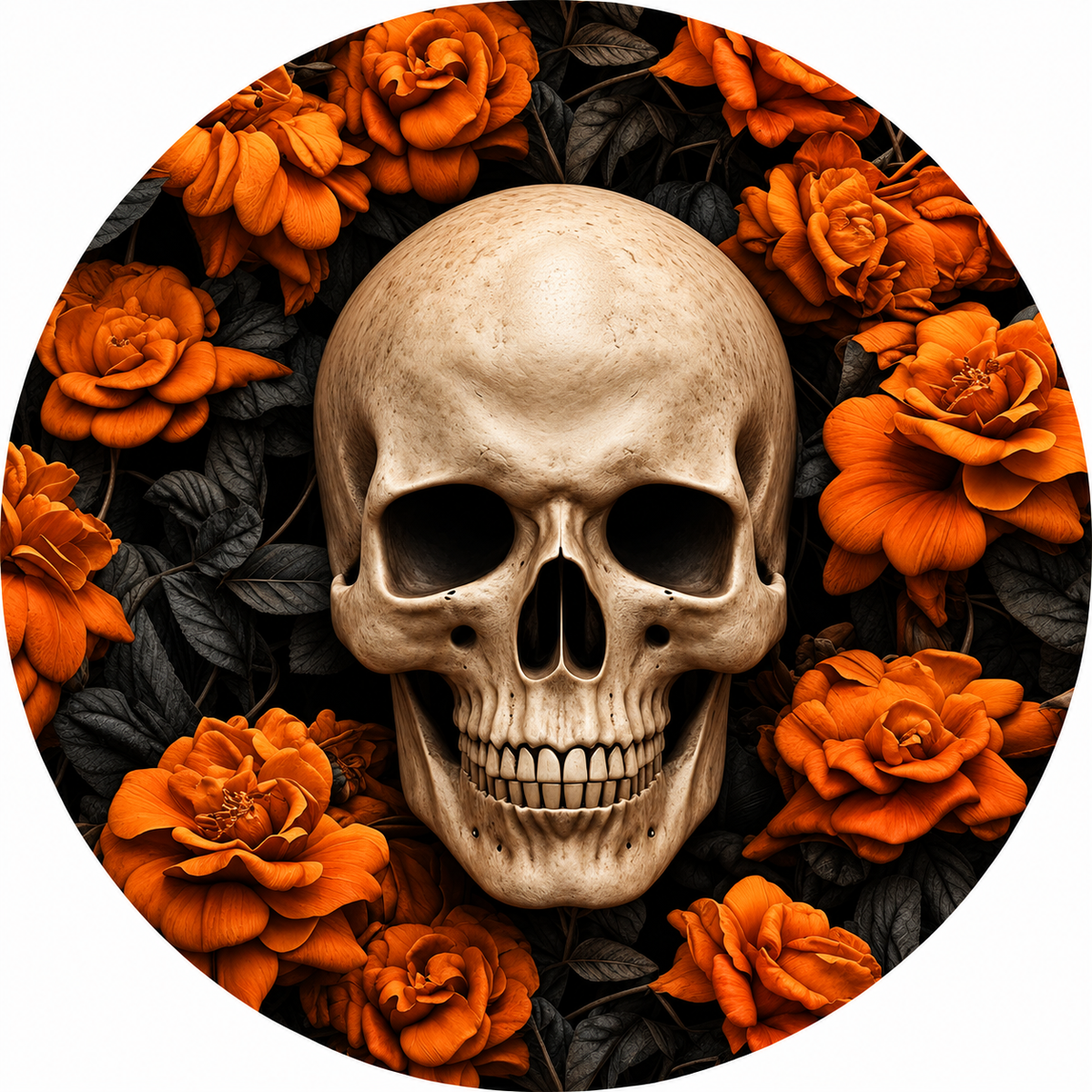 A skull surrounded by vibrant orange roses, creating a striking and dramatic visual composition.