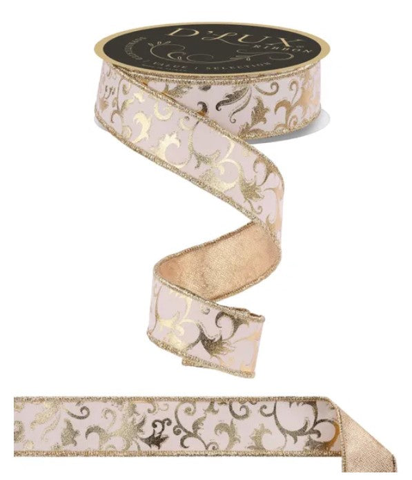 a decorative ribbon with a floral pattern in shades of pink and gold. The ribbon is curled and appears to be made of a shiny material, giving it a luxurious and elegant appearance.