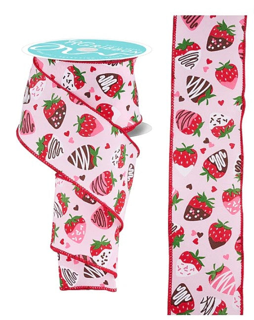a pink ribbon with a repeating pattern of chocolate-covered strawberries and hearts.
