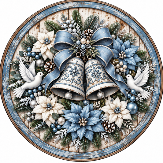 A decorative wreath with white and blue elements, including poinsettias, bells, pine cones, and berries, arranged on a wooden surface.