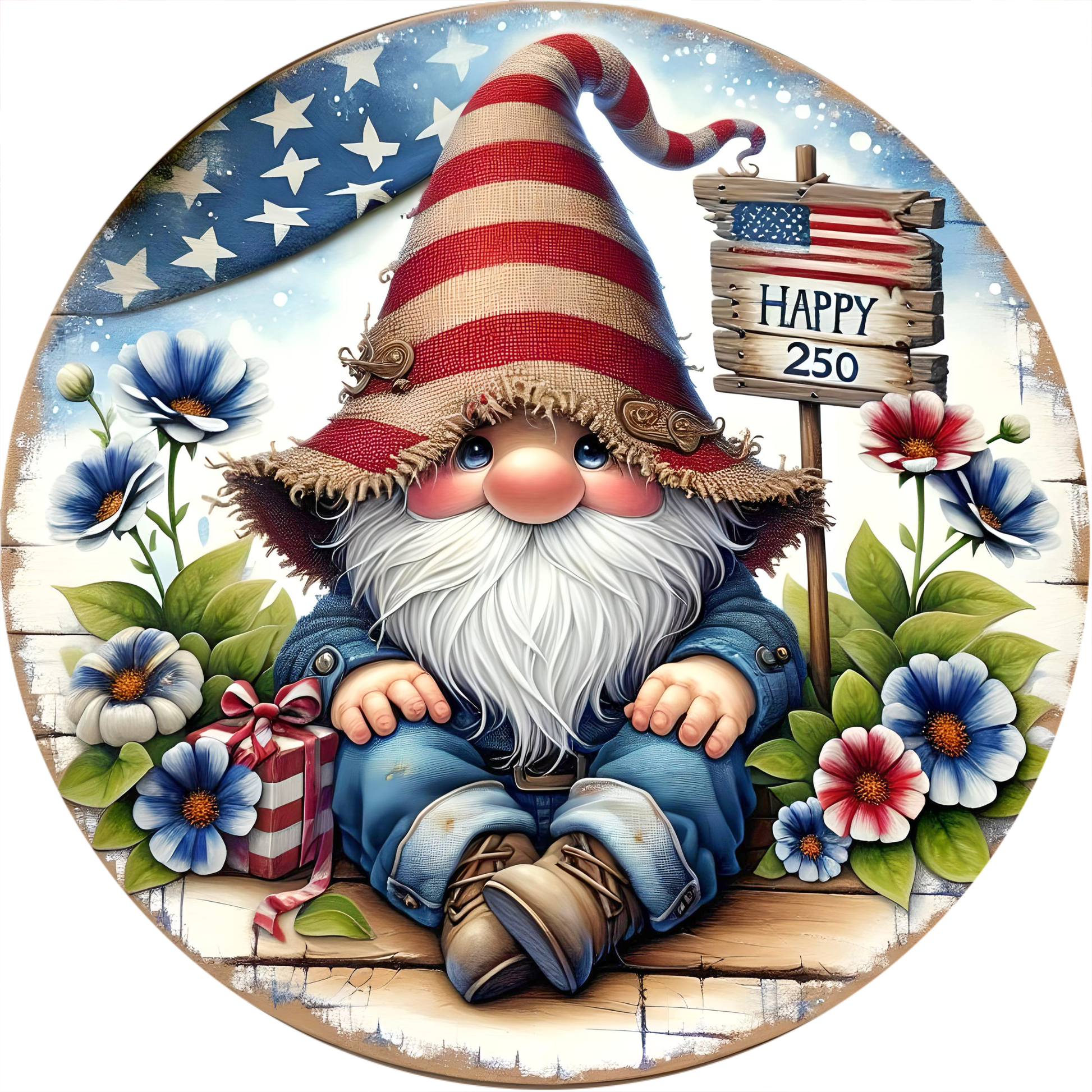 A gnome wearing a red, white, and blue striped hat sits on a wooden bench surrounded by flowers and a sign that reads "Happy 250".